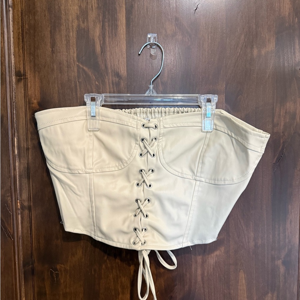 Zara Cream Lace-Up Faux Leather Corset Top